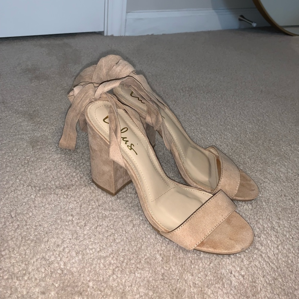 Suede Lace-Up Heels in Light Nude